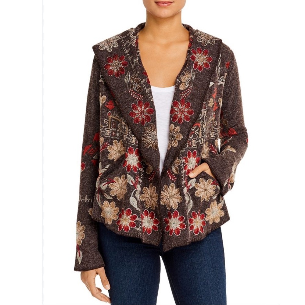 Johnny Was Biya Cardigan Womens L Brown Floral Embroidered Hooded Open Sweater
